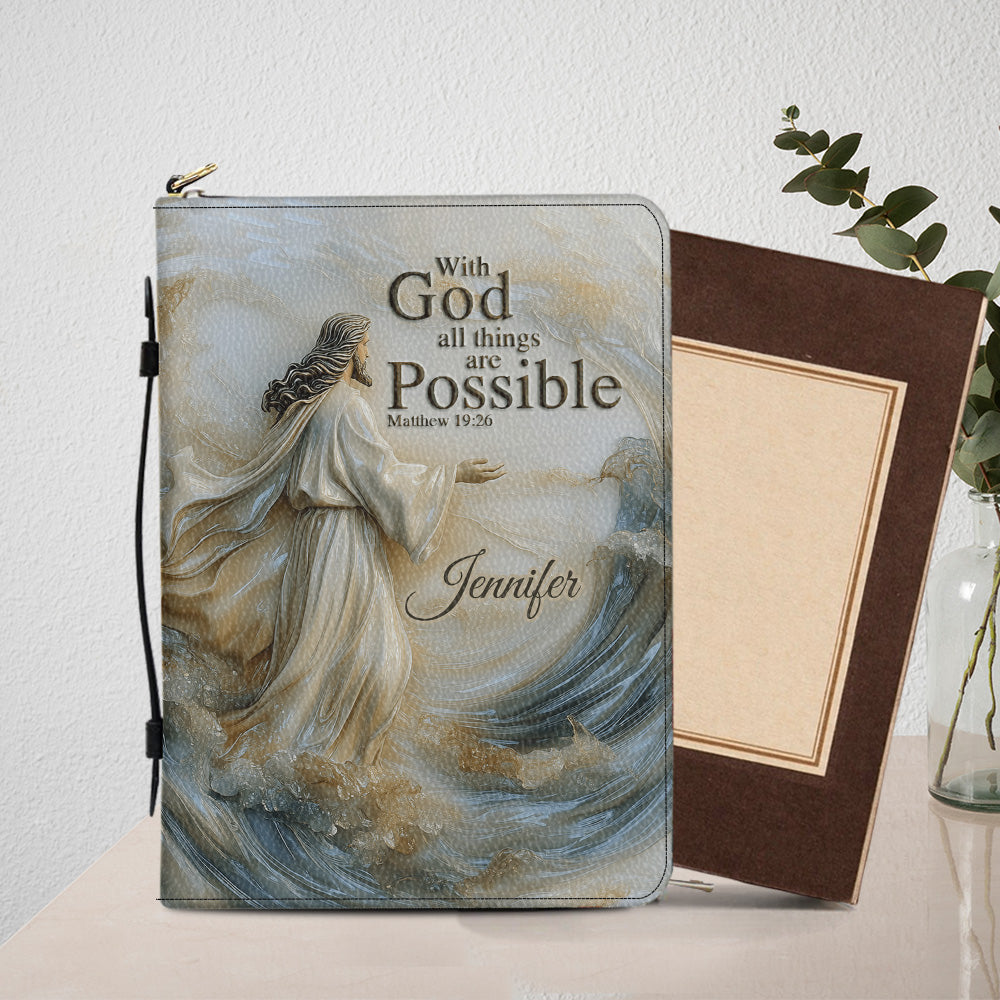 With God All Things Are Possible - Personalized Christian Leather Bible Cover Bag