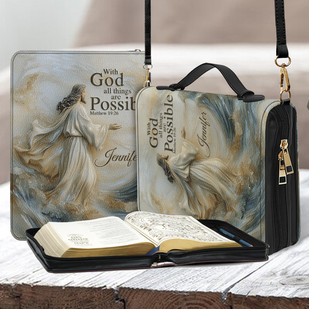 With God All Things Are Possible - Personalized Christian Leather Bible Cover Bag