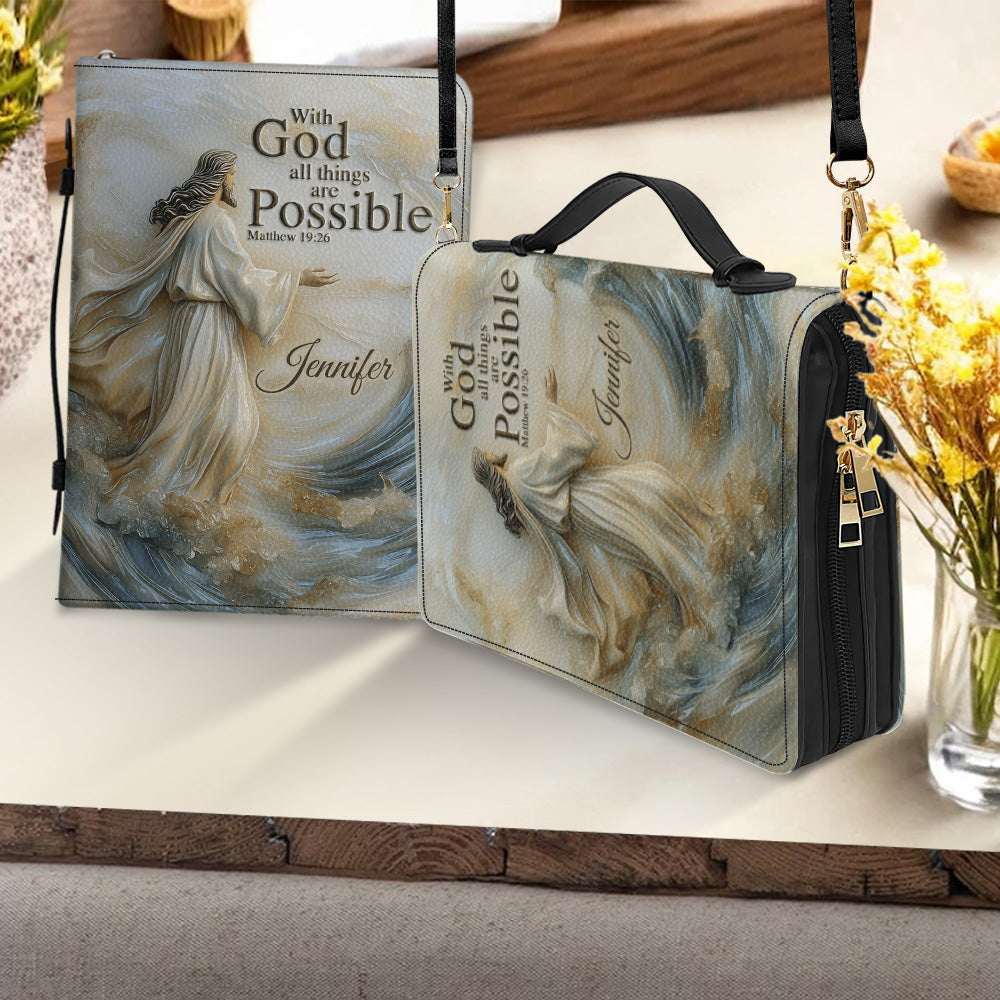 With God All Things Are Possible - Personalized Christian Leather Bible Cover Bag