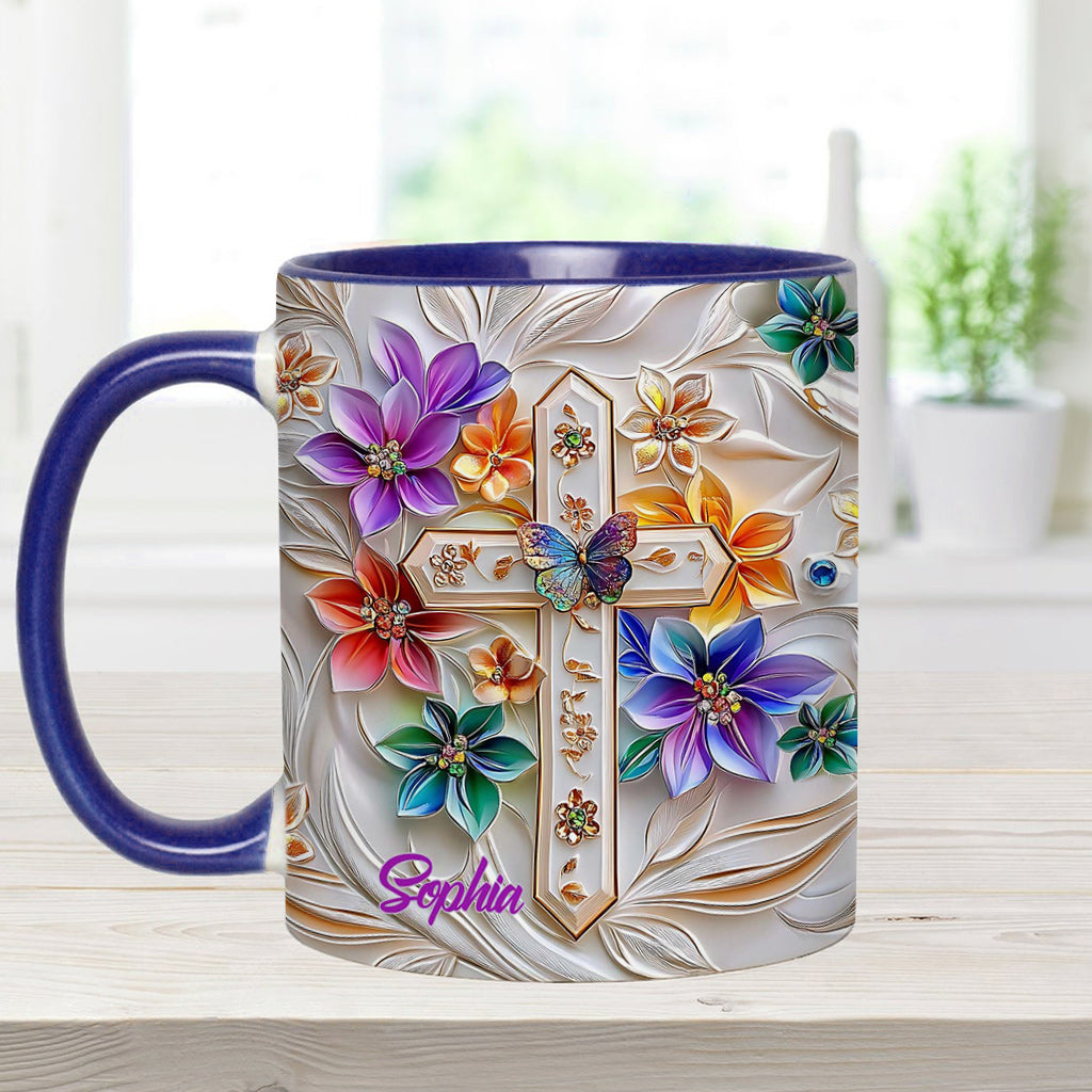Mug chrétien personnalisé avec croix florale