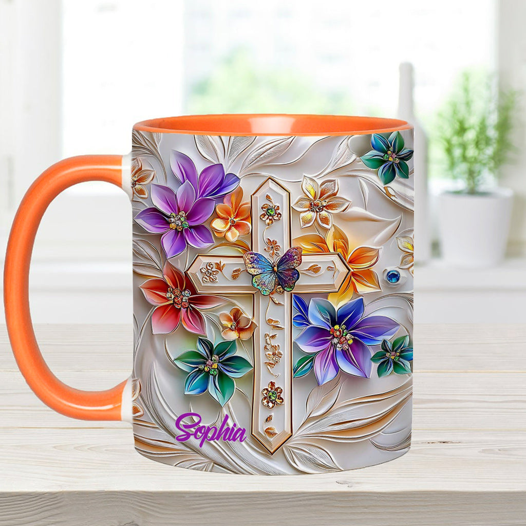 Mug chrétien personnalisé avec croix florale