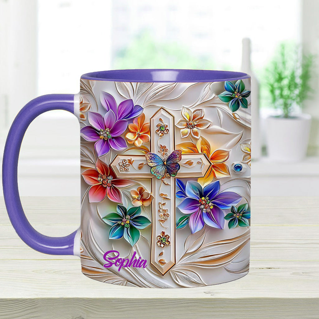 Mug chrétien personnalisé avec croix florale