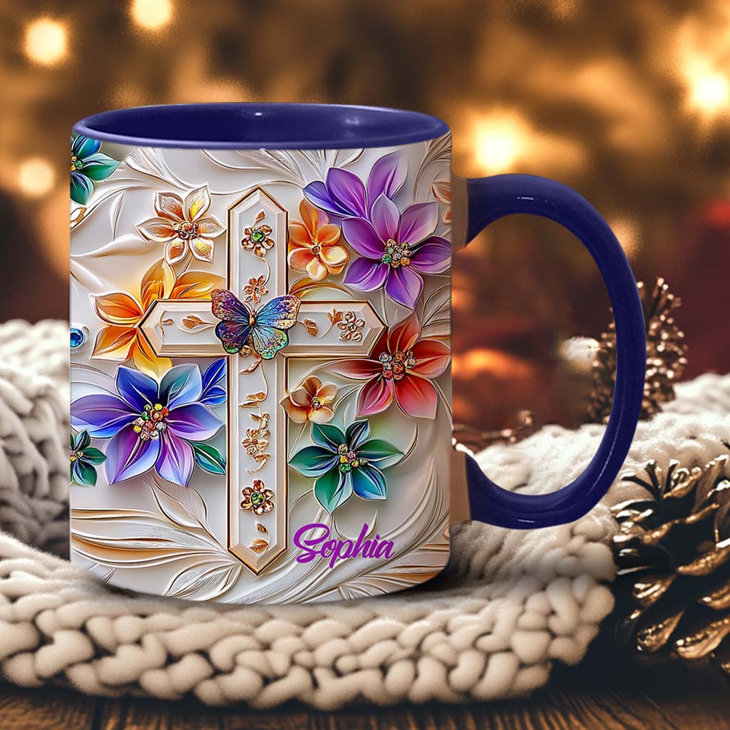 Mug chrétien personnalisé avec croix florale