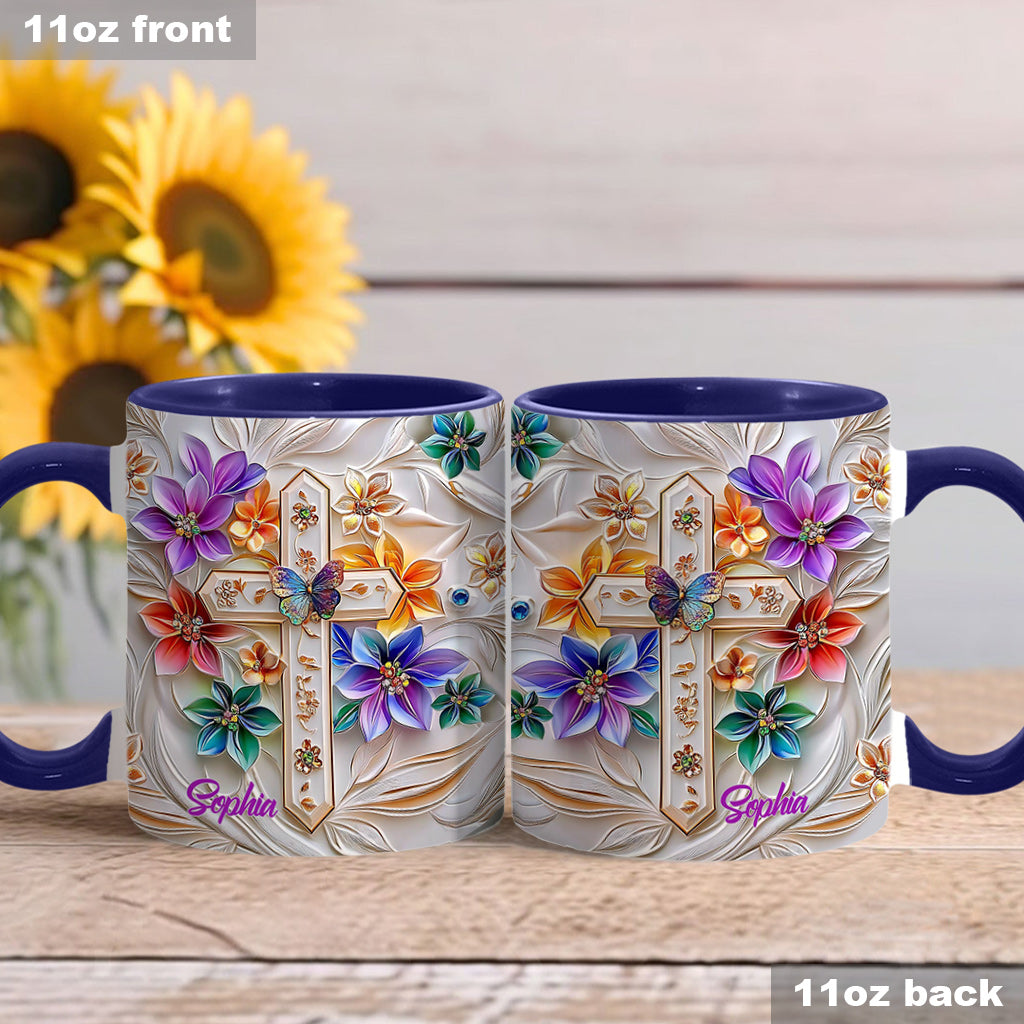 Mug chrétien personnalisé avec croix florale