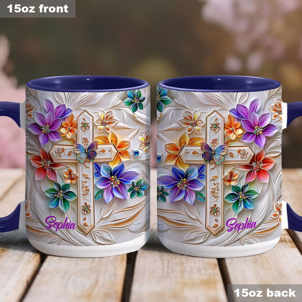 Mug chrétien personnalisé avec croix florale