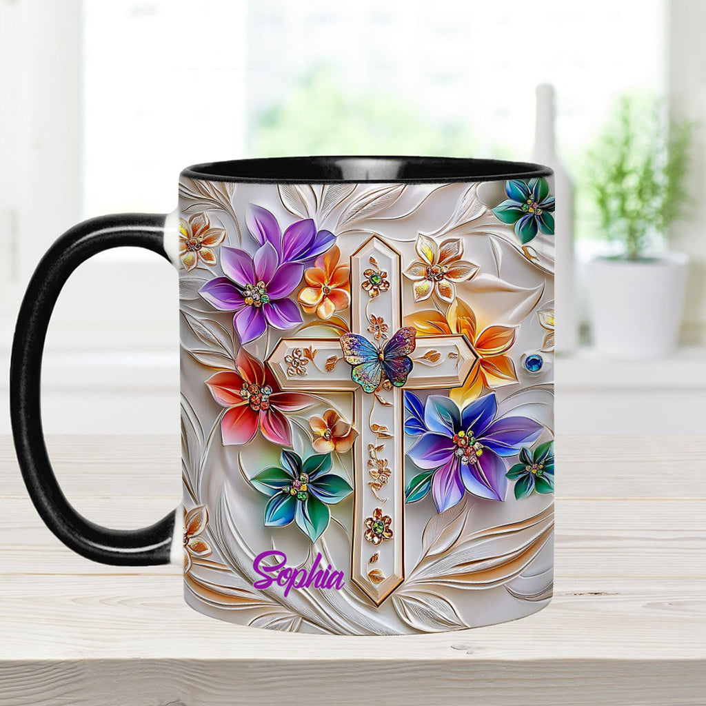 Mug chrétien personnalisé avec croix florale