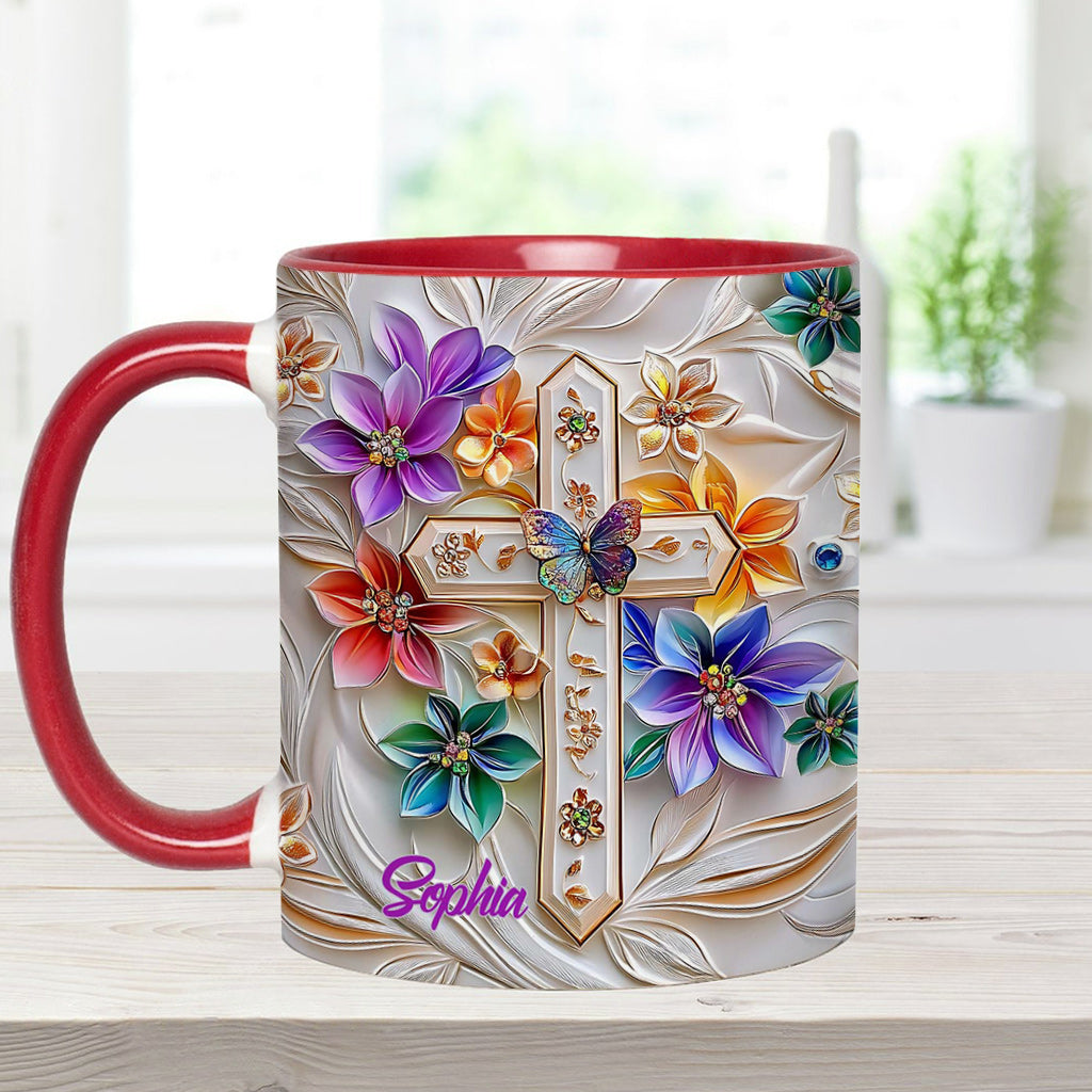 Mug chrétien personnalisé avec croix florale