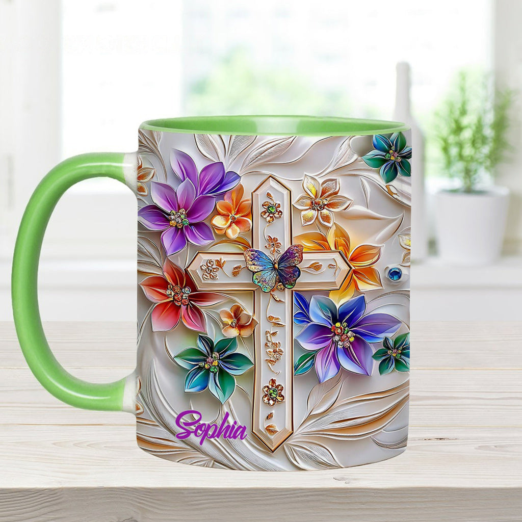 Mug chrétien personnalisé avec croix florale