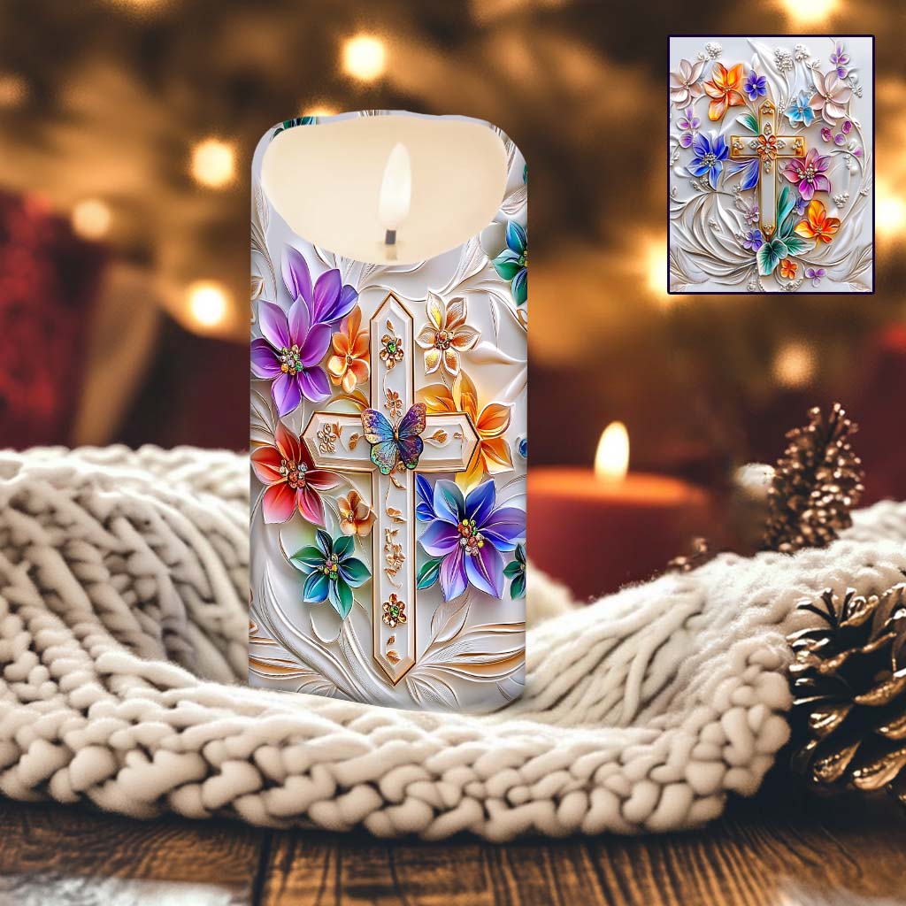 Floral Cross - Personalized Christian Flameless Candle