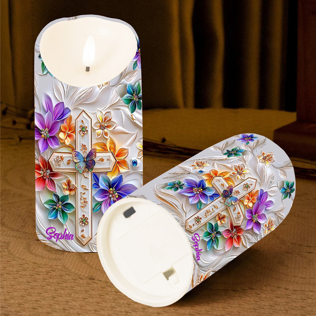 Floral Cross - Personalized Christian Flameless Candle