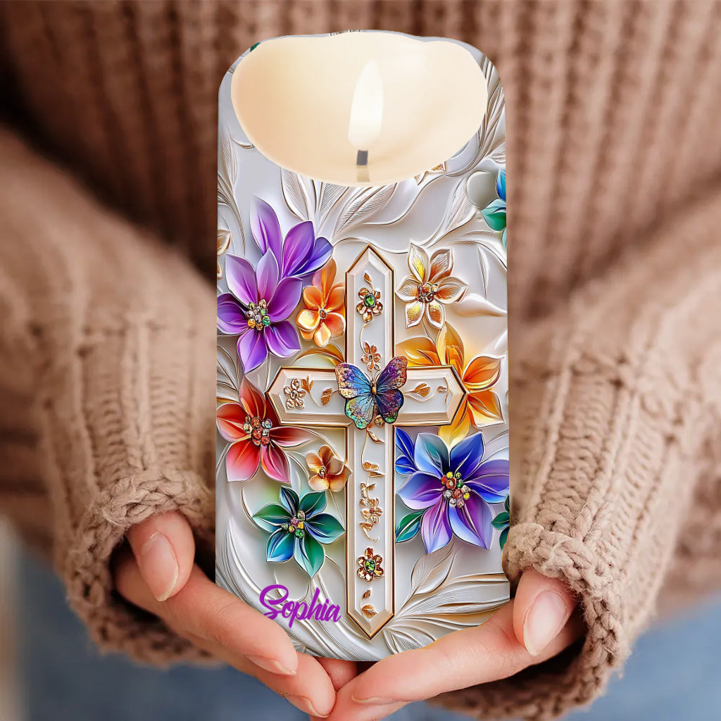 Floral Cross - Personalized Christian Flameless Candle