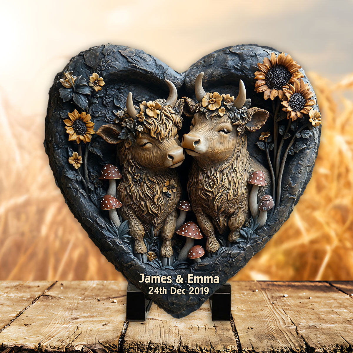 Couple heureux style champêtre - Pierre personnalisée en forme de cœur