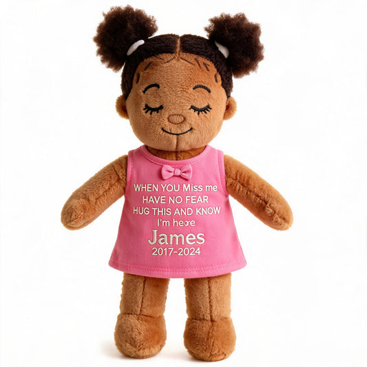 Personalized Little Girl Black Memorial Plush Doll, Custom In Loving Memory Hugging Ragdoll Comfort Gift for Loss