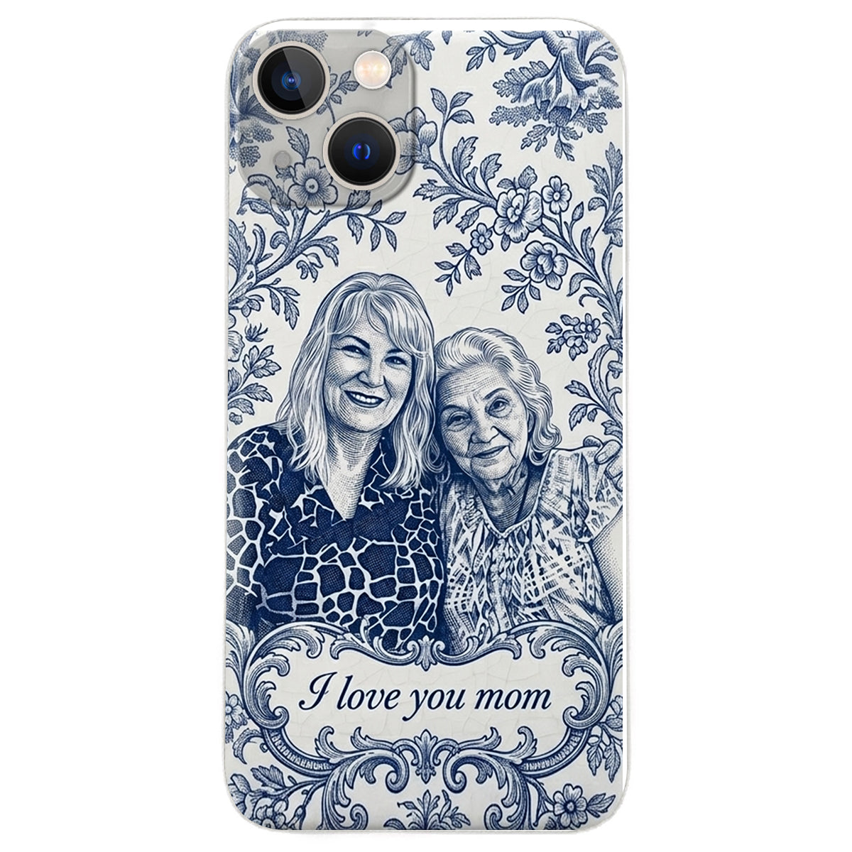 Idée Cadeau Maman, Motif Toile De Jouy Bleue - Coque de Téléphone en Cuir Personnalisée 3D