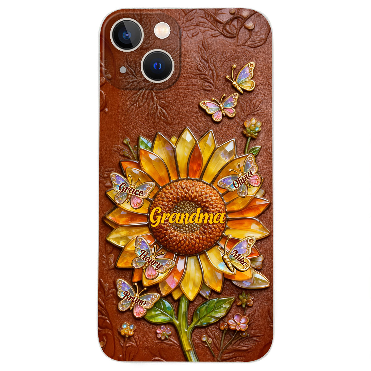 Grandma Sunflower - Personalized Grandma 3D Embossed Leather Phone Case