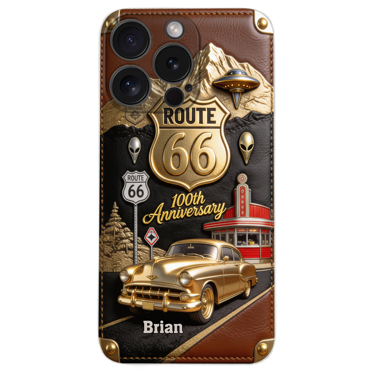 Étui de téléphone en cuir personnalisé pour les passionnés de voitures, à l'occasion du 100e anniversaire de la Route 66