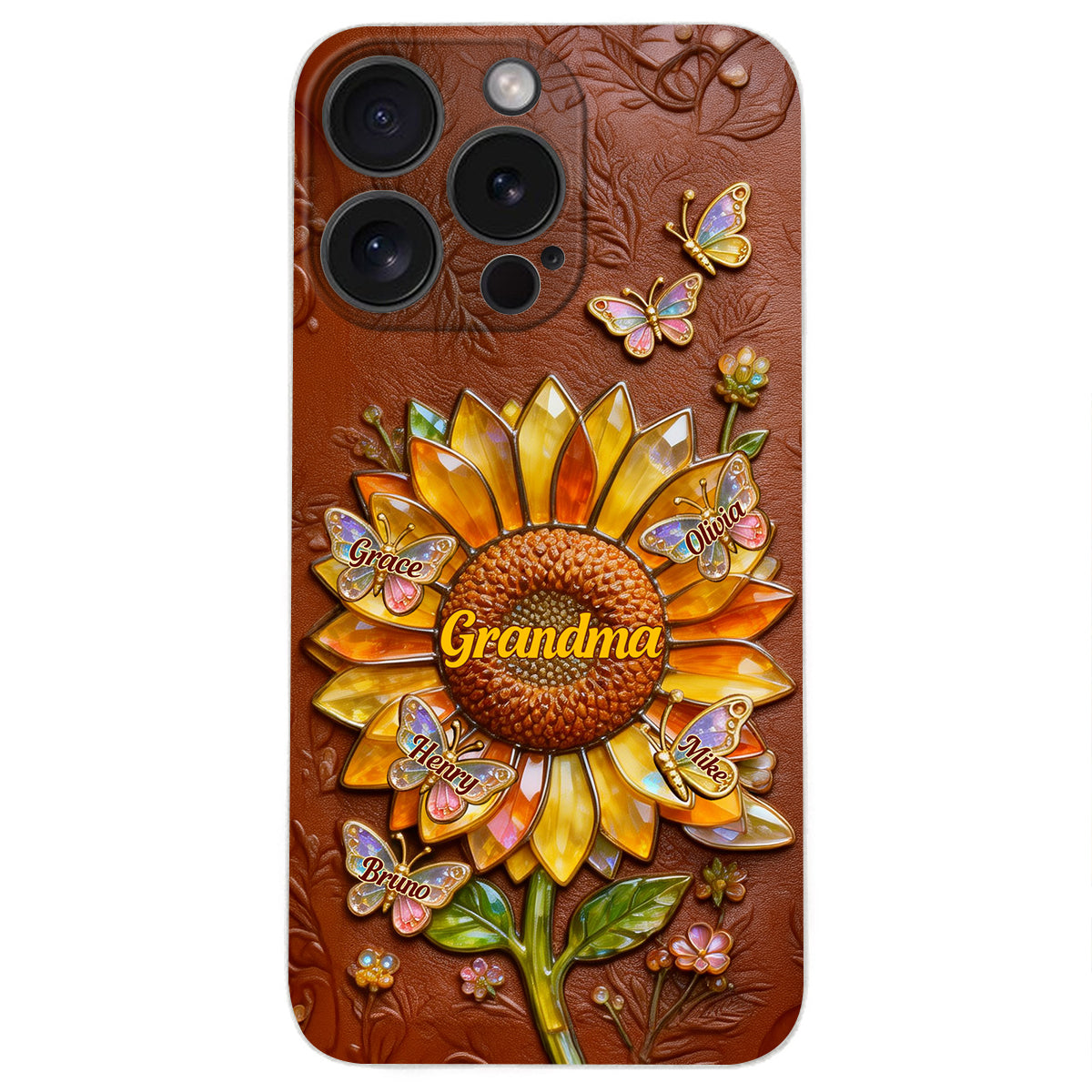 Grandma Sunflower - Personalized Grandma 3D Embossed Leather Phone Case