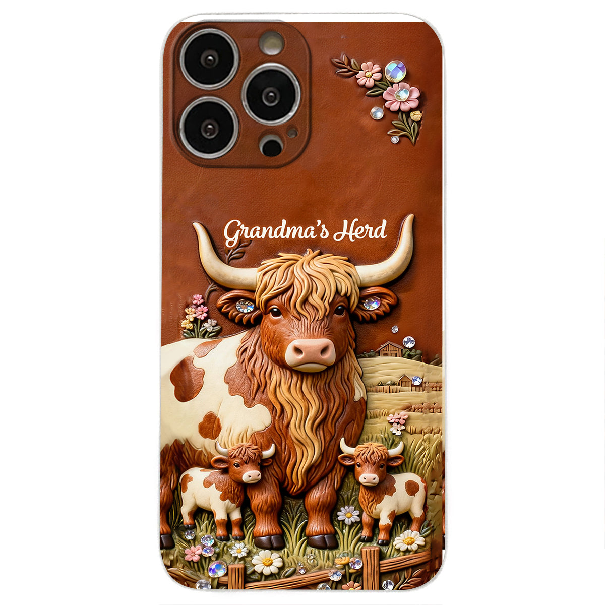 Grandma's Herd - Personalized Highland Cow 3D Embossed Leather Phone Case