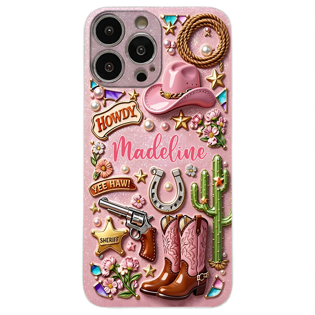 Cowgirl Gift, Whimsical Wild West Western - Personalized Cowgirl 3D Embossed Leather Phone Case