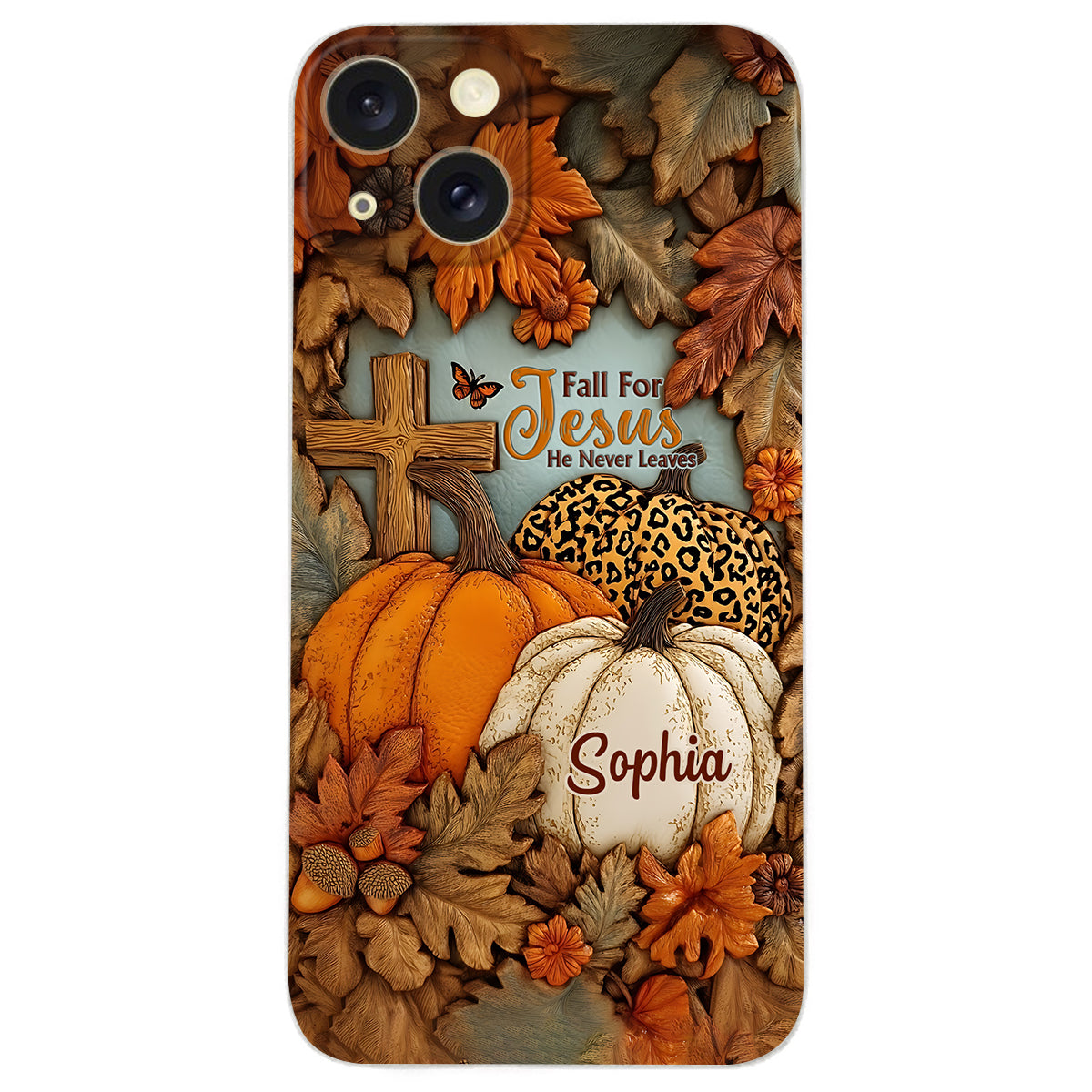 Fall for Jesus, He Never Leaves - Personalized Christian Leather Phone Case