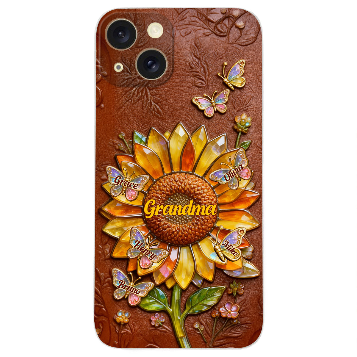 Grandma Sunflower - Personalized Grandma 3D Embossed Leather Phone Case