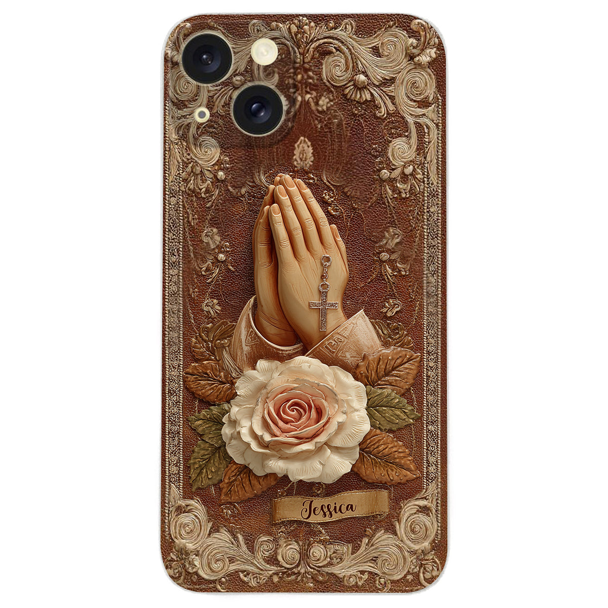 Étui de téléphone chrétien personnalisé en cuir avec mains jointes et roses