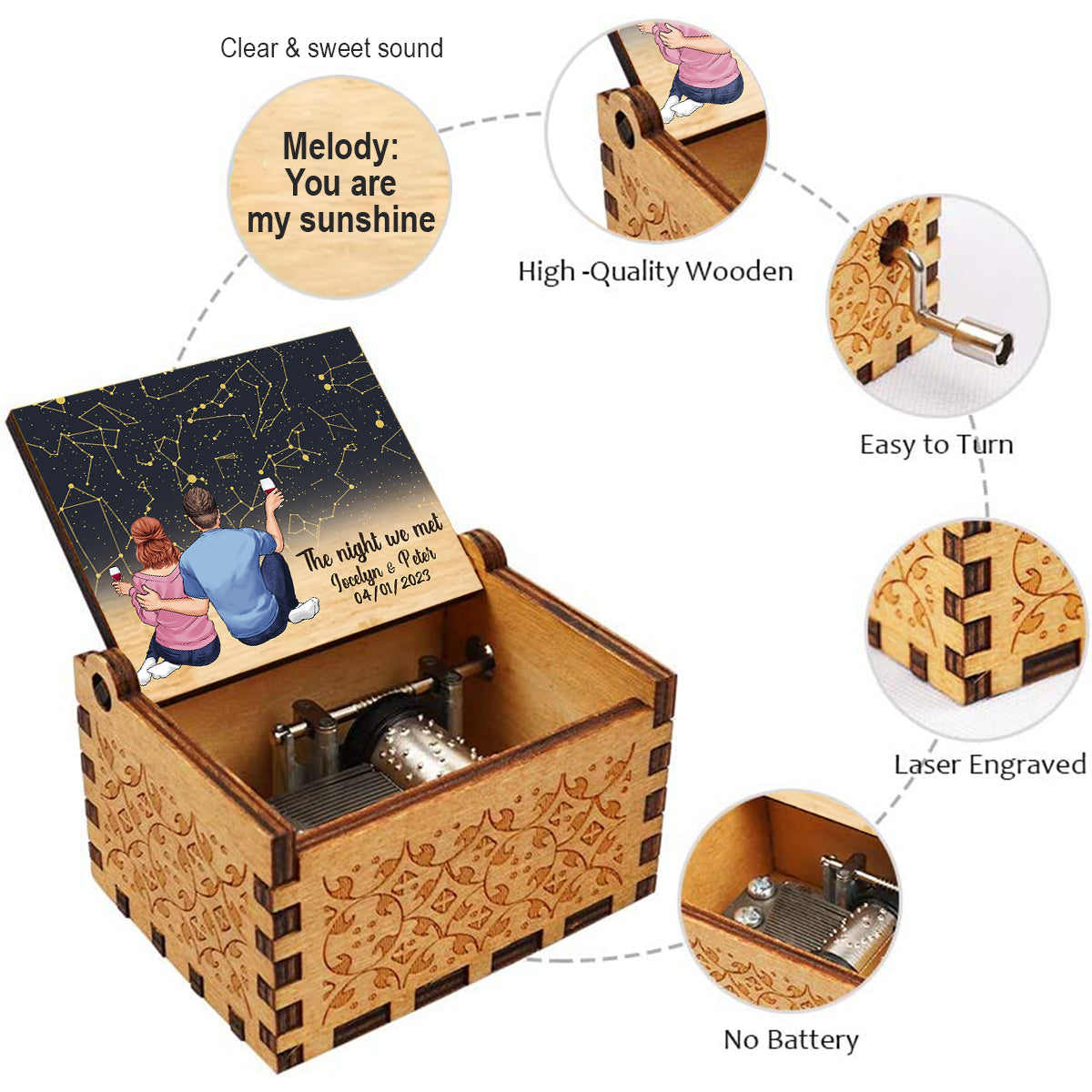 La nuit de notre rencontre - Boîte à musique à manivelle personnalisée pour couple
