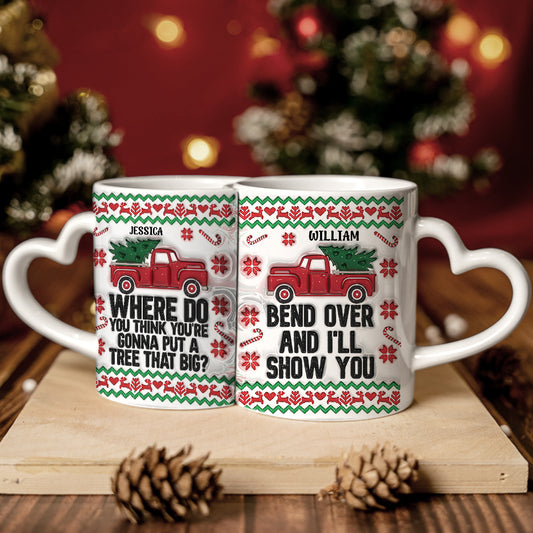 Penchez-vous et je vous montrerai - Mug personnalisé assorti pour couple avec anse en forme de cœur