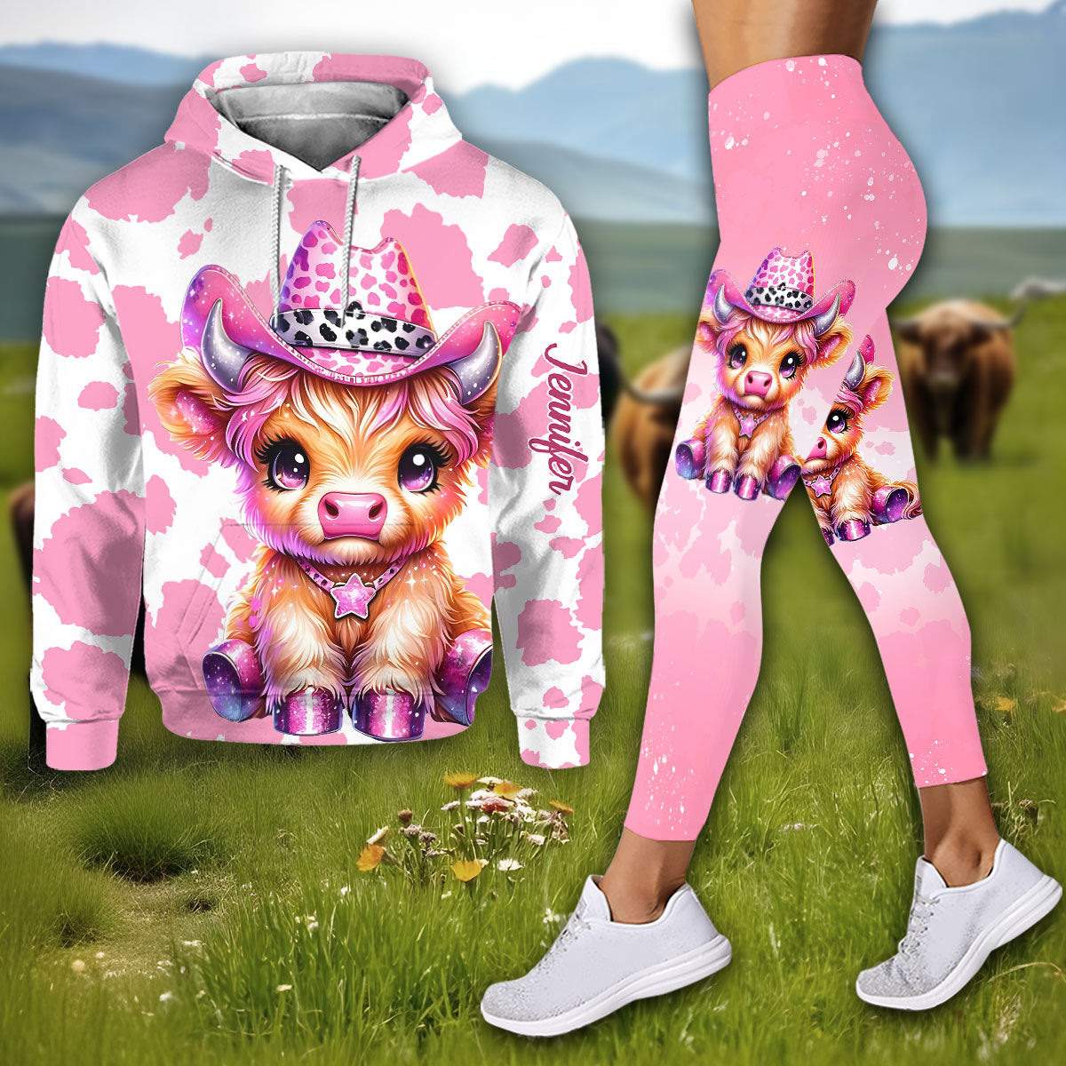 Adorable vache des Highlands rose - Sweat à capuche et legging personnalisés avec une vache des Highlands