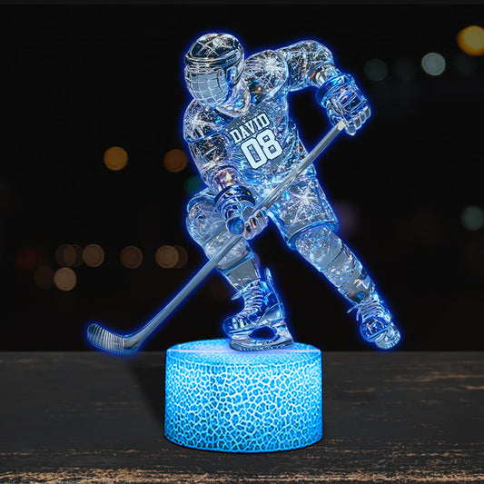 Sparkling Ice Hockey Player - Personalized Hockey Shaped Plaque Light Base