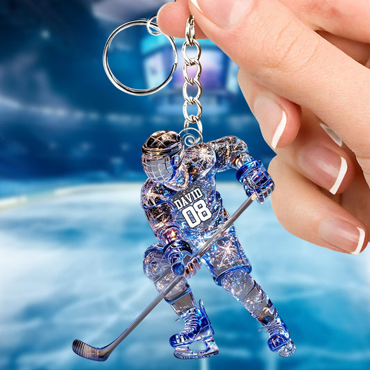 Sparkling Ice Hockey Player - Personalized Hockey Keychain