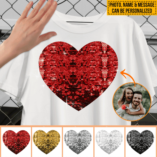 T-shirt à sequins personnalisé avec photo pour couples - cadeau pour amoureux des chiens et des chats - T-shirt à sequins personnalisé
