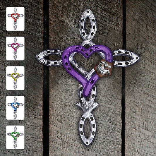 Croix rustique en fer à cheval - Panneau métallique personnalisé avec motif de cheval