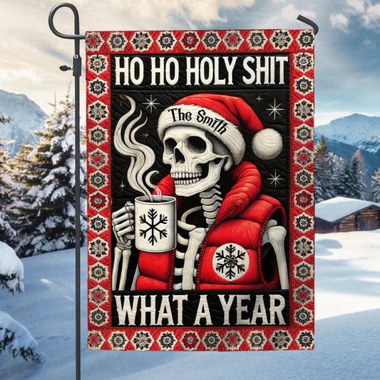 Ho Ho, putain de merde, quelle année ! - Drapeau de jardin personnalisé en forme de crâne