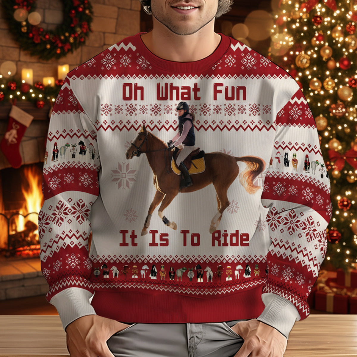 Quel plaisir de monter à cheval ! Cadeau de Noël pour les amoureux des chevaux - Pull moche personnalisé avec motif cheval