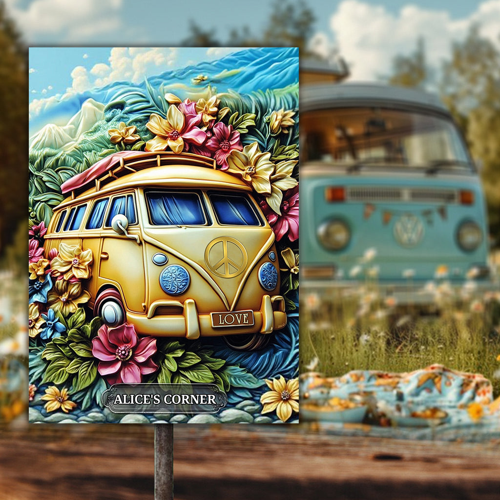 Panneau de paix floral en forme de camionnette - Panneau rectangulaire en métal personnalisé style hippie
