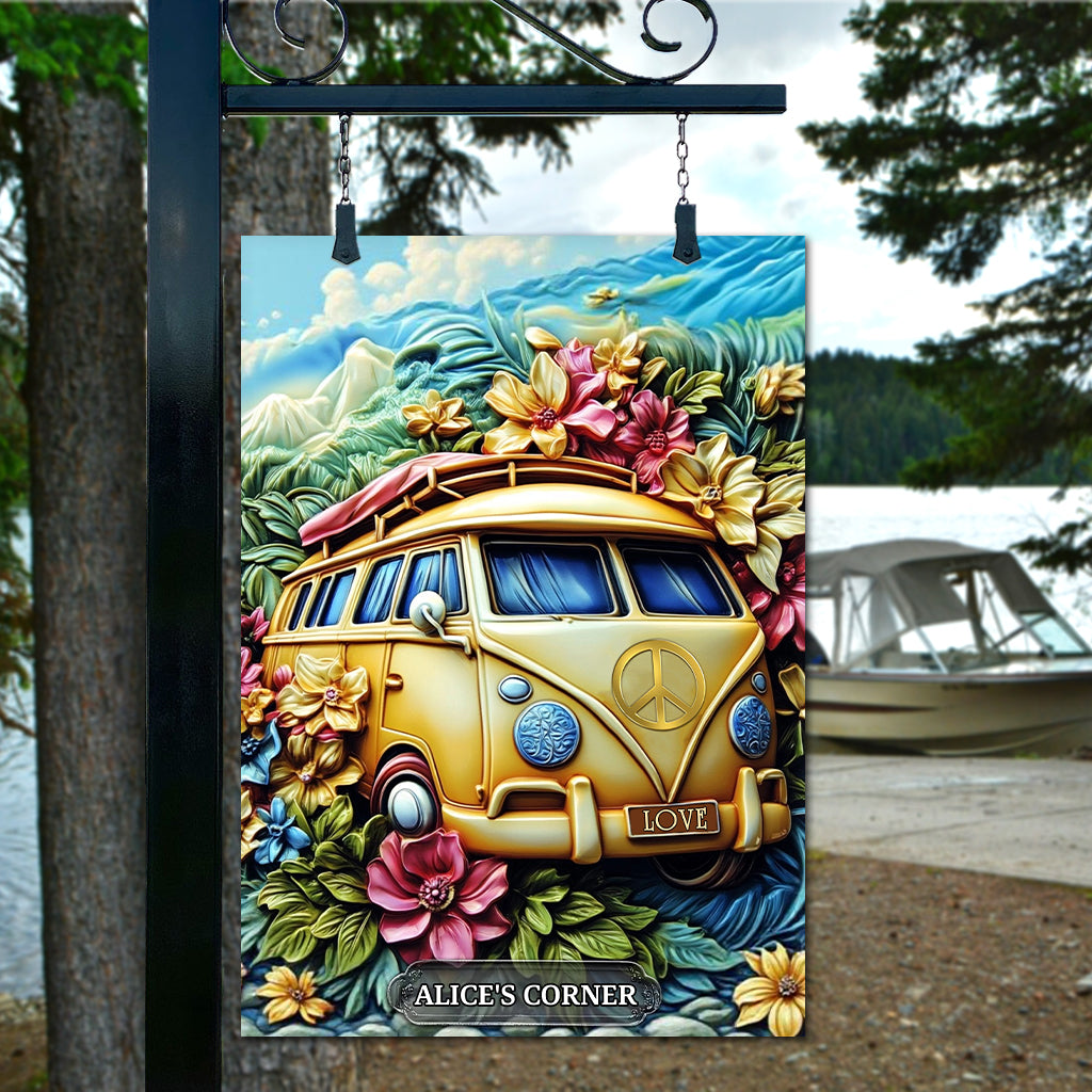 Panneau de paix floral en forme de camionnette - Panneau rectangulaire en métal personnalisé style hippie
