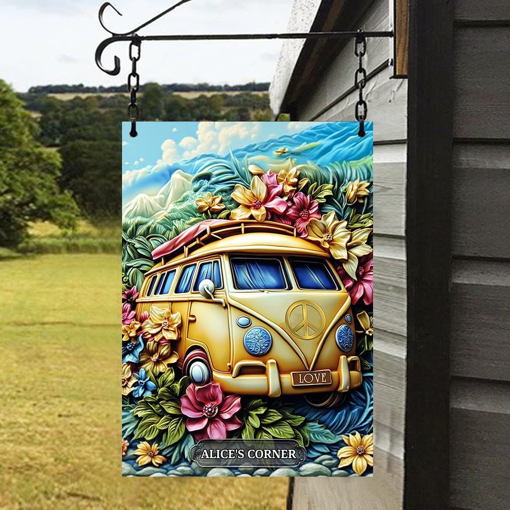 Panneau de paix floral en forme de camionnette - Panneau rectangulaire en métal personnalisé style hippie