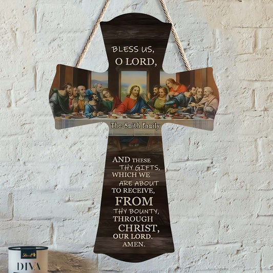 Bénis-nous, Seigneur - Panneau en bois personnalisé de forme chrétienne
