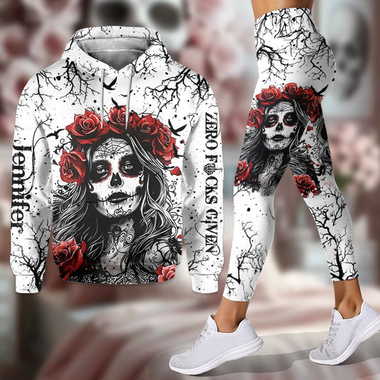 Crâne et roses rouges - Sweat à capuche et legging personnalisés avec motif crâne