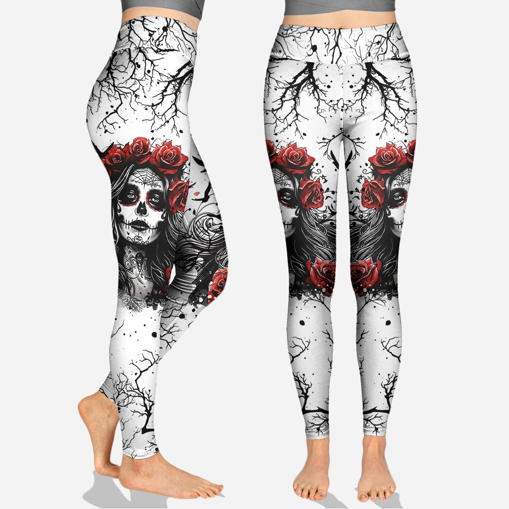 Crâne et roses rouges - Sweat à capuche et legging personnalisés avec motif crâne