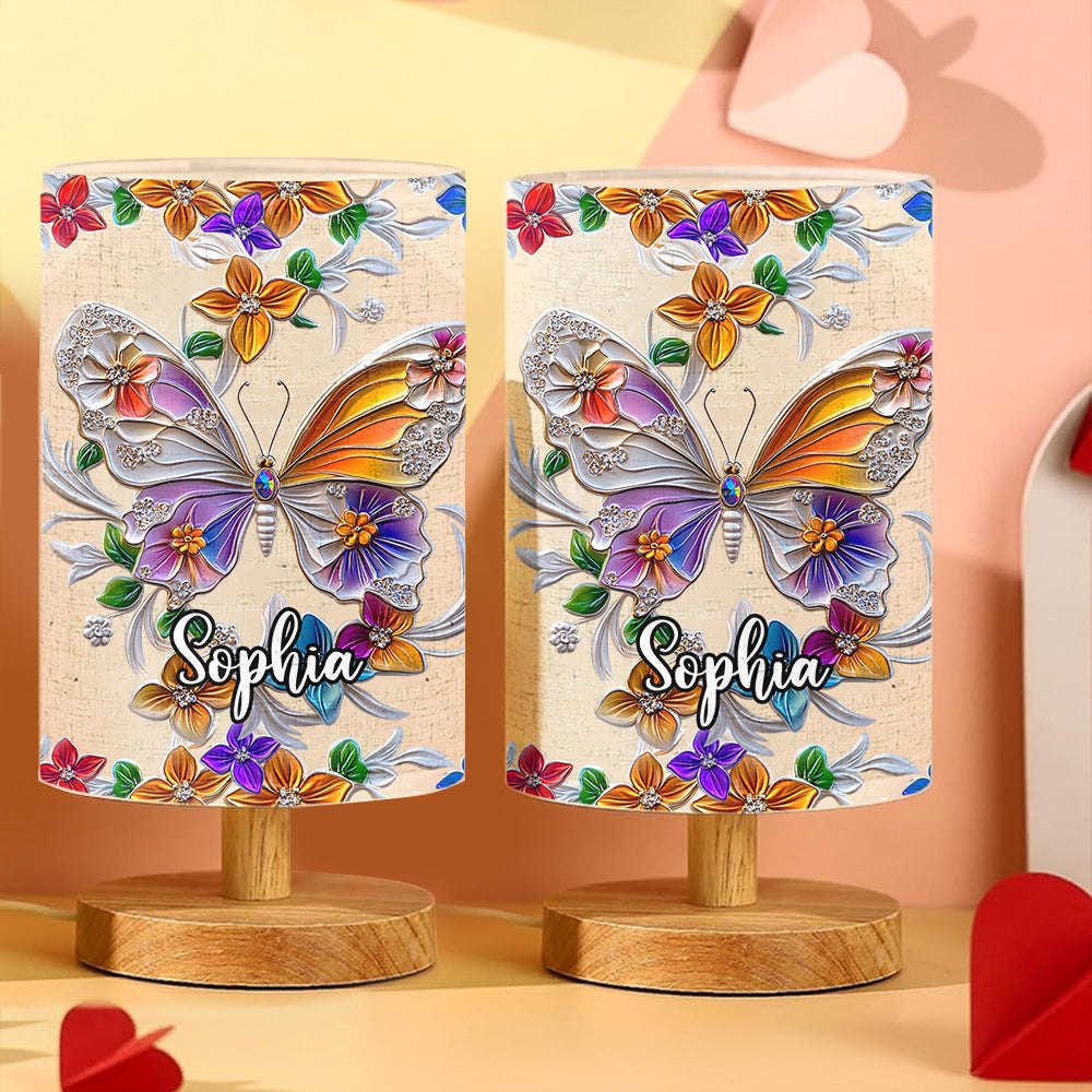 Lampe de table personnalisée papillon, libellule et colibri avec socle en bois - Motif papillon, libellule et colibri