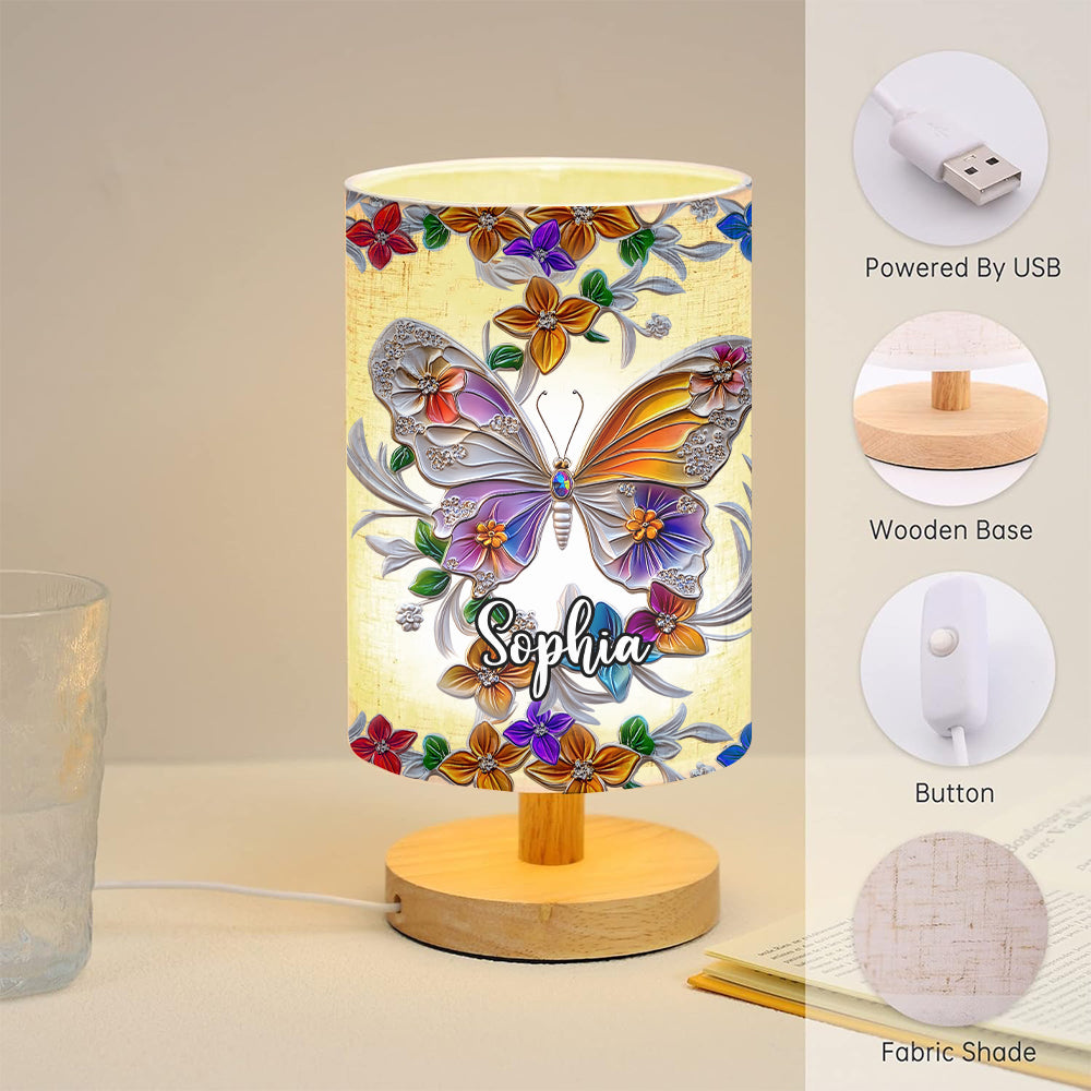 Lampe de table personnalisée papillon, libellule et colibri avec socle en bois - Motif papillon, libellule et colibri