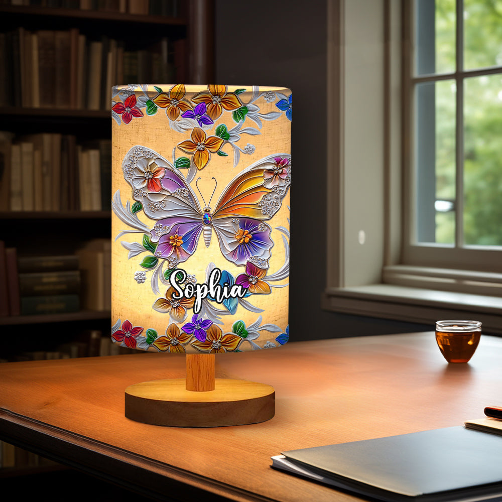 Lampe de table personnalisée papillon, libellule et colibri avec socle en bois - Motif papillon, libellule et colibri