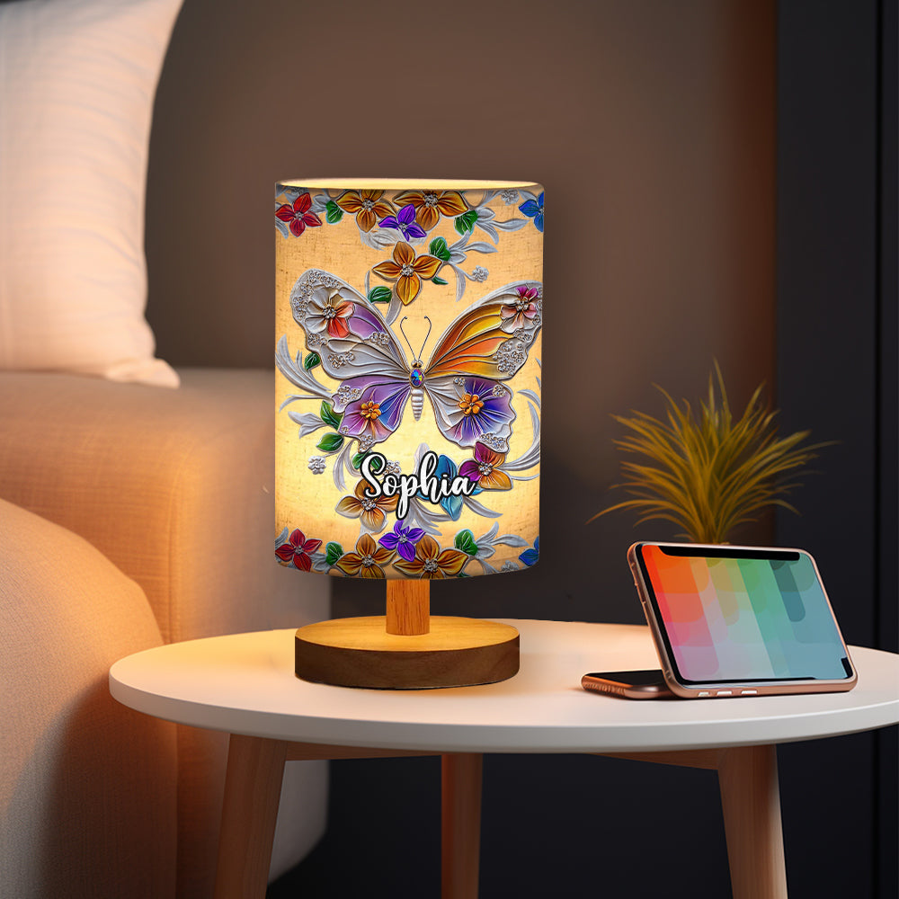 Lampe de table personnalisée papillon, libellule et colibri avec socle en bois - Motif papillon, libellule et colibri