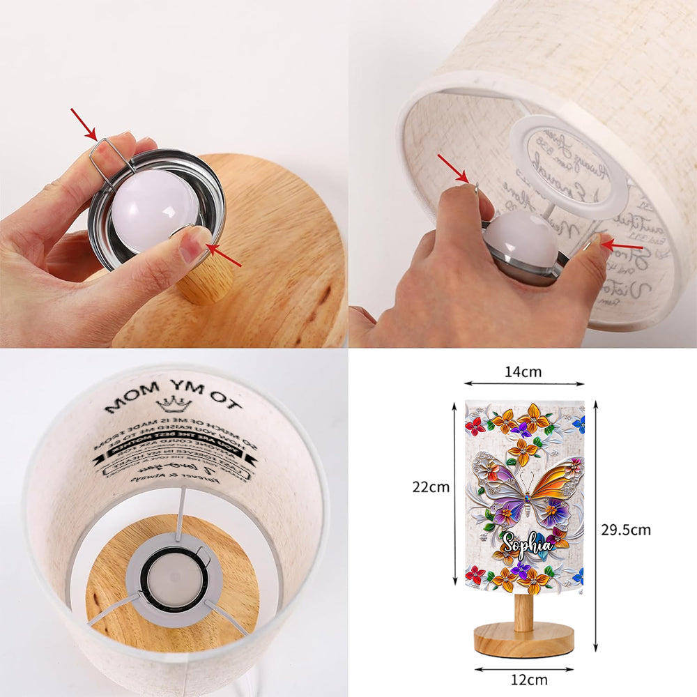 Lampe de table personnalisée papillon, libellule et colibri avec socle en bois - Motif papillon, libellule et colibri