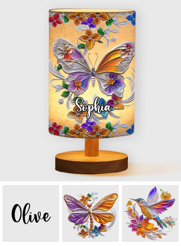 Lampe de table personnalisée papillon, libellule et colibri avec socle en bois - Motif papillon, libellule et colibri