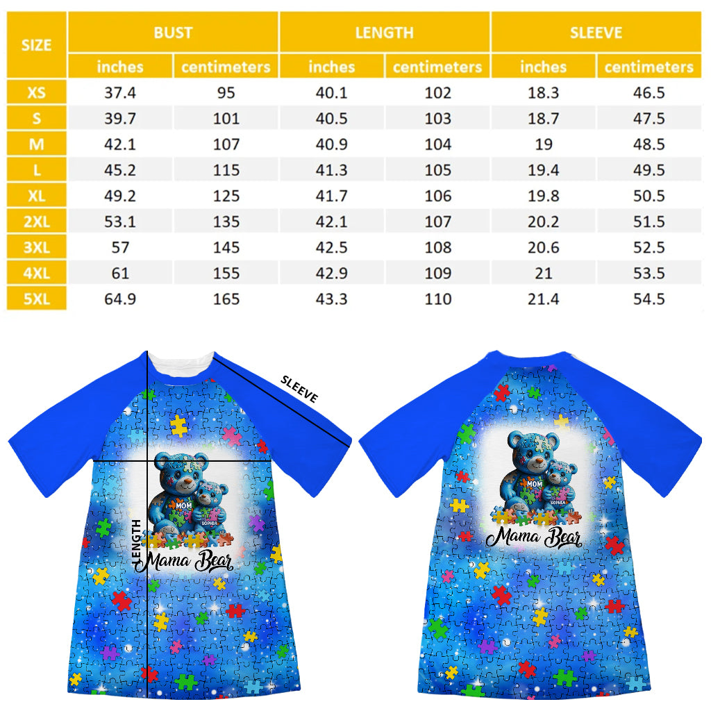 Robe-t-shirt de nuit personnalisée « Maman Ours » pour la sensibilisation à l'autisme