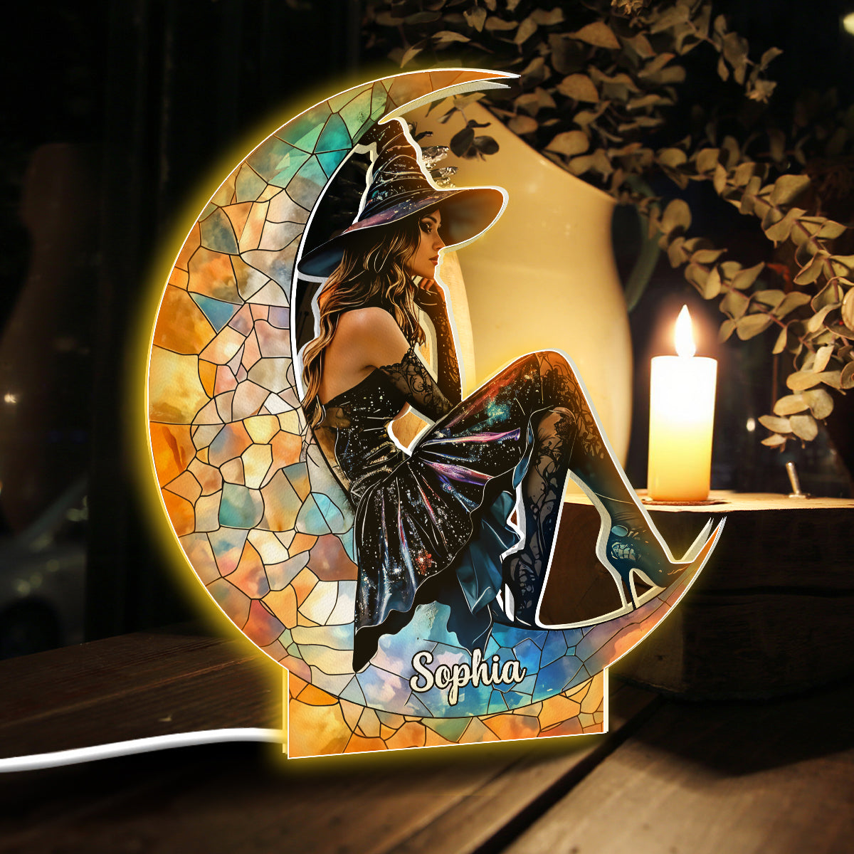 Sur la Lune - Boîte lumineuse personnalisée en forme de sorcière