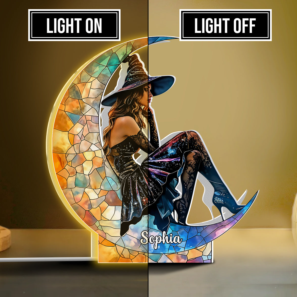 Sur la Lune - Boîte lumineuse personnalisée en forme de sorcière